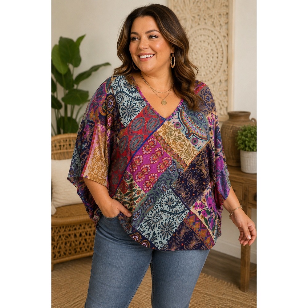 Natural Life Patchwork Top Women XXL Multicolor Boho Paisley Hippie Artsy Tribal